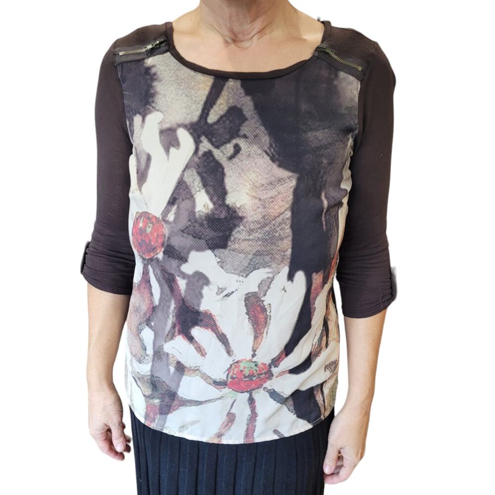 Monteau LA Sheer Art Floral Top M Mixed Media Zipper Shoulder Blouse Mallcore